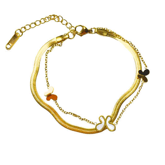 Gold bracelet with various charms on a white background