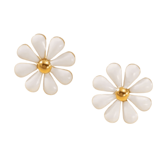 White flower-shaped earrings with gold centers on a white background