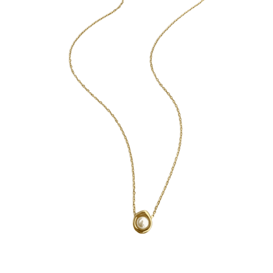 Gold necklace with a pearl pendant on a white background