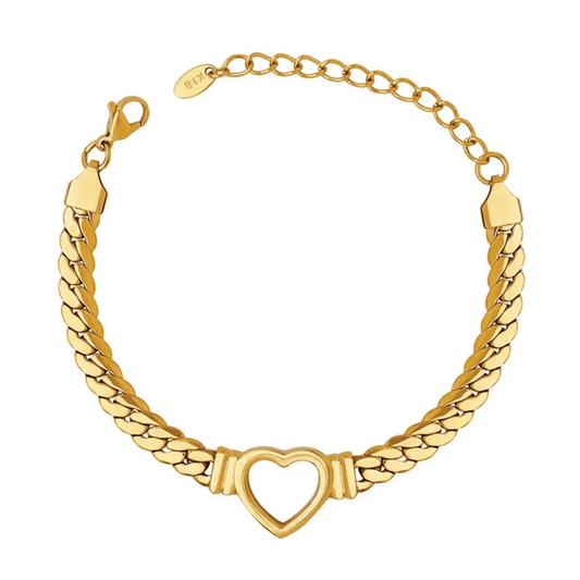 Gold chain bracelet with a heart-shaped clasp on a white background