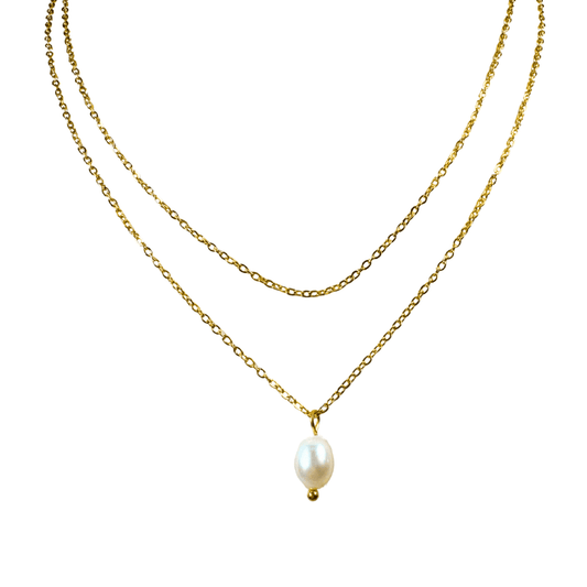 Two gold necklaces with a pearl pendant on a white background