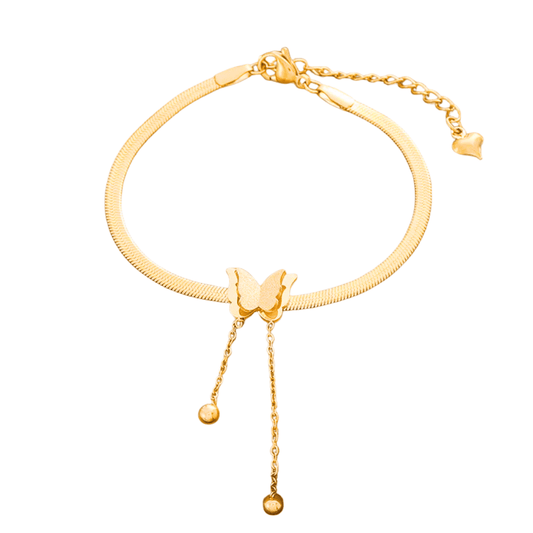 Gold bracelet with a butterfly charm on a white background