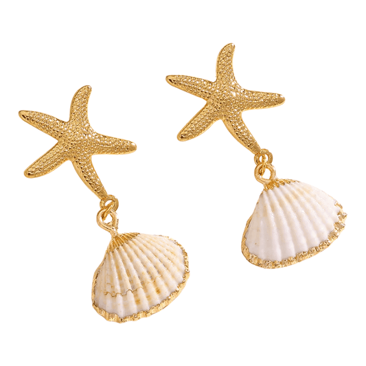 Gold starfish and shell earrings on a white background