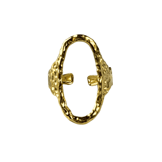 Gold ring with a textured design on a white background