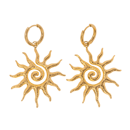Gold sun-shaped earrings with a white center on a white background