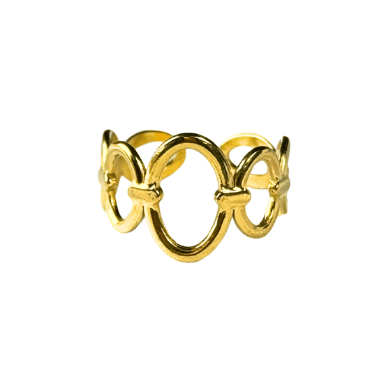 Gold ring with interlocking circular design on a white background