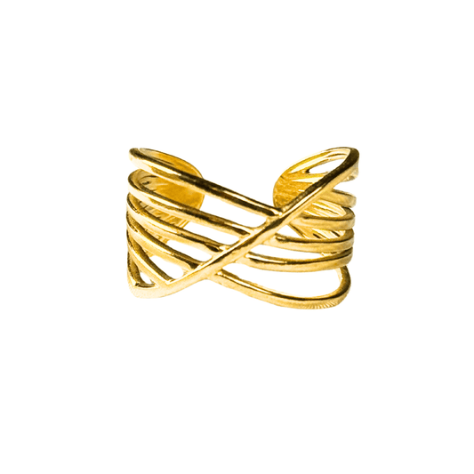 Gold ring with a modern design on a white background