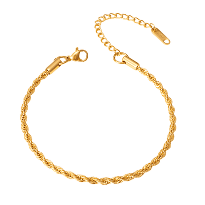 Gold rope chain bracelet on a white background