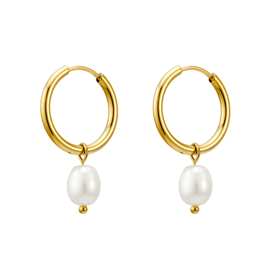 Gold hoop earrings with white pearls on a white background