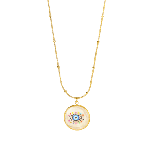 Necklace with a round pendant featuring an eye design on a white background