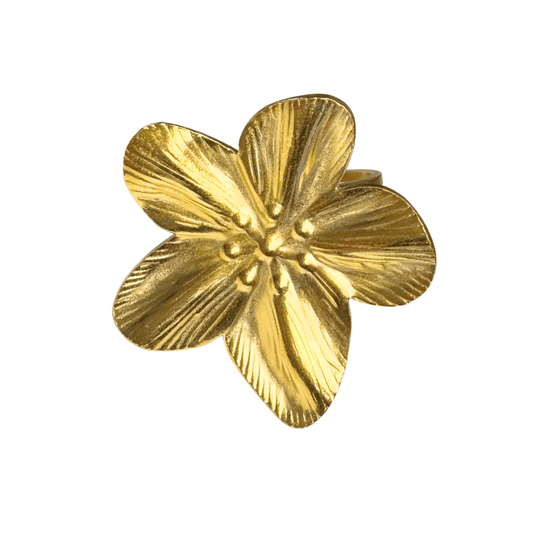Gold flower-shaped ring on a white background