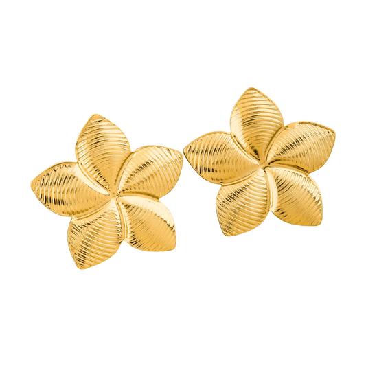 Pair of gold flower-shaped earrings on a white background