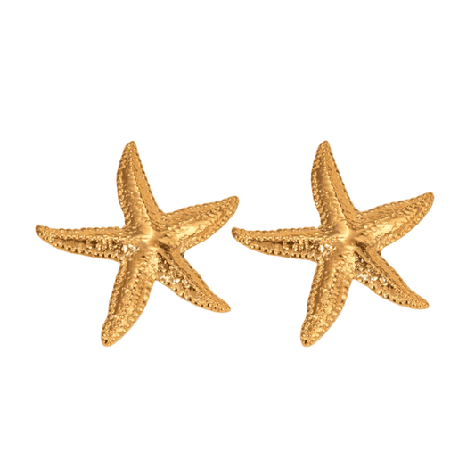 Pair of gold starfish earrings on a white background