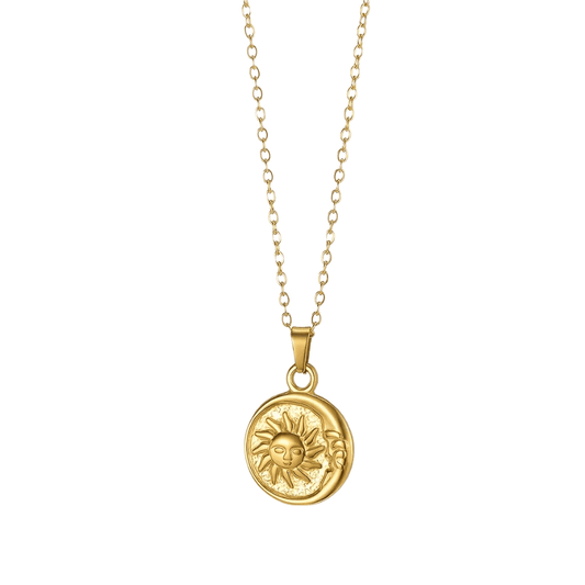 Gold necklace with a sun pendant on a white background