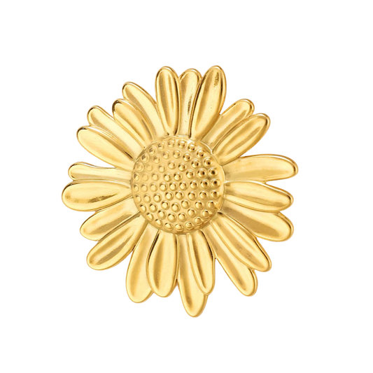 Gold sunflower-shaped earring on a white background