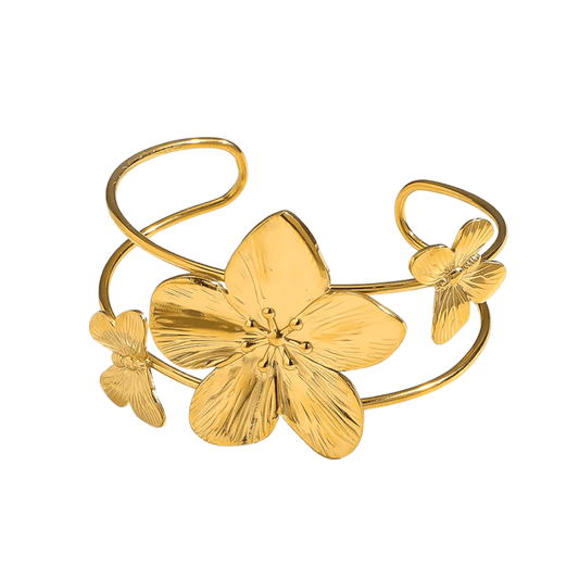 18K PVD Real Gold Plated Abstract Flower Cuff Bangle: Fanny
