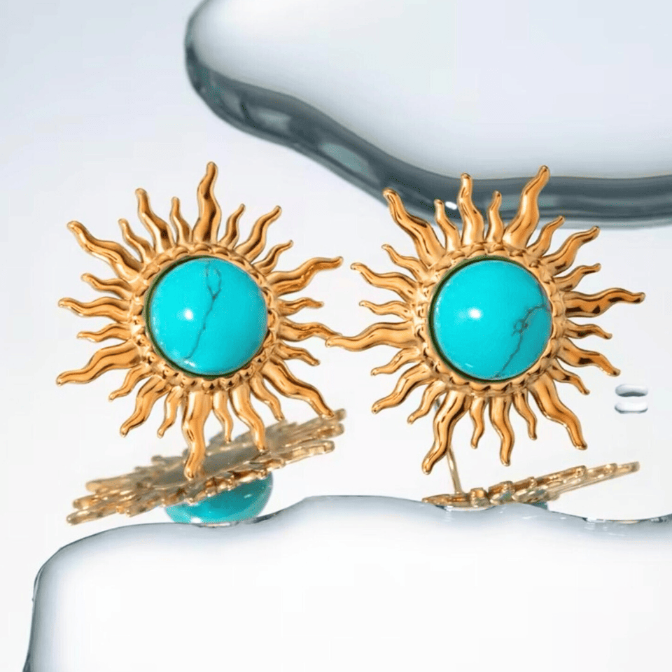 18K PVD Gold Sun Stone Stud Earrings: Adena