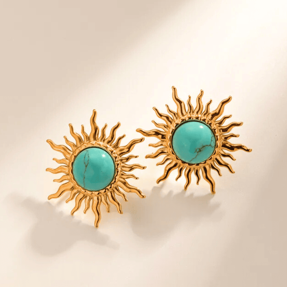 18K PVD Gold Sun Stone Stud Earrings: Adena
