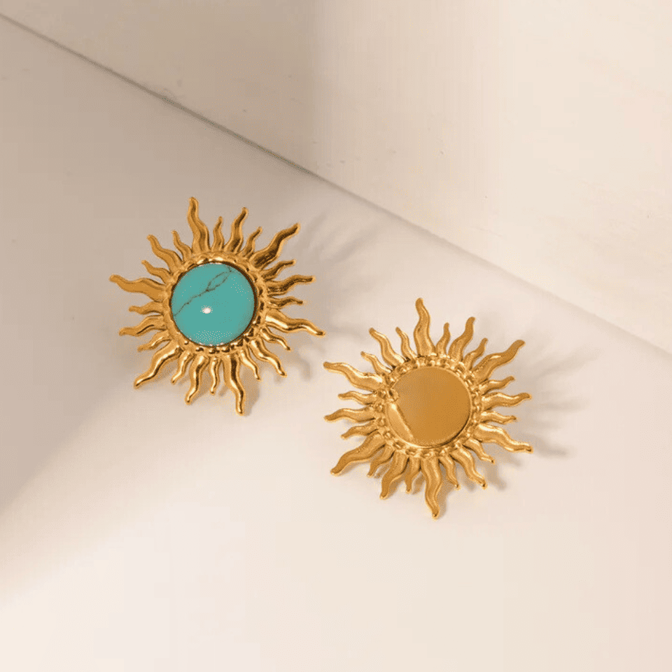18K PVD Gold Sun Stone Stud Earrings: Adena
