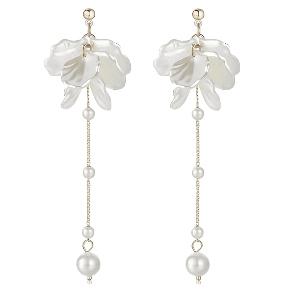 Floral earrings with pearl details on a white background