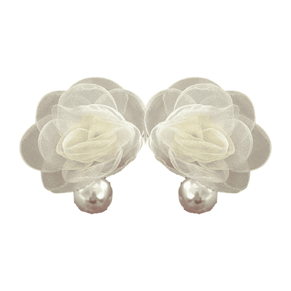 Pair of cream-colored flower earrings with pearl centers on a white background