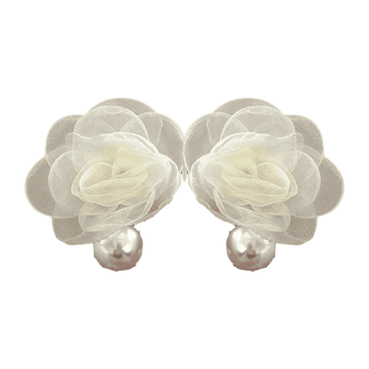 Pair of cream-colored flower earrings with pearl centers on a white background