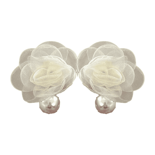 Pair of cream-colored flower earrings with pearl centers on a white background