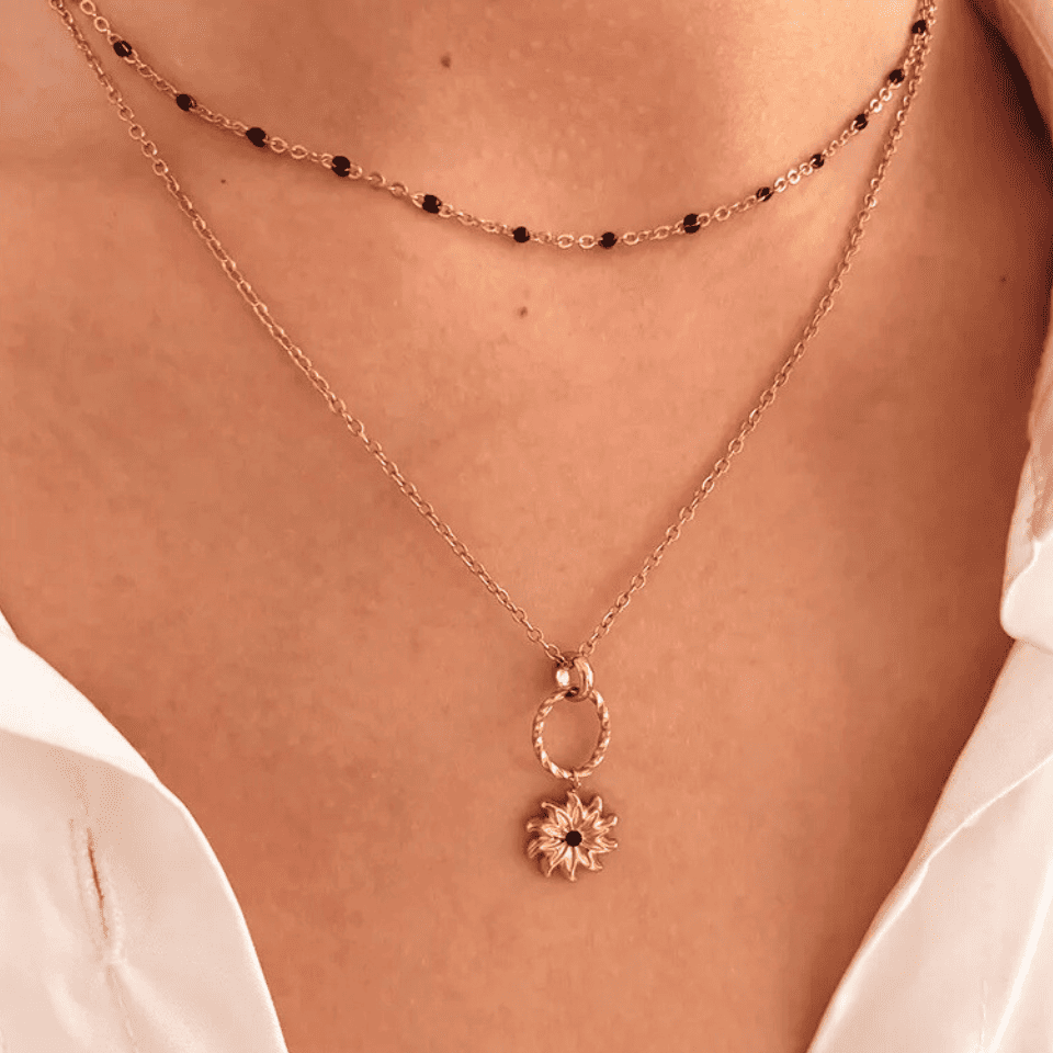 Rose gold necklace with a pendant on a person wearing a white shirt.