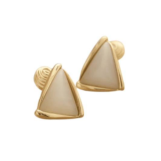 Pair of gold triangle-shaped earrings on a white background
