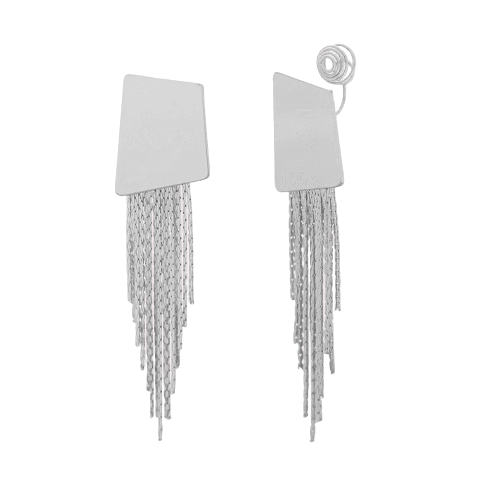 Pair of earrings with square tops and long fringed details on a light pink background