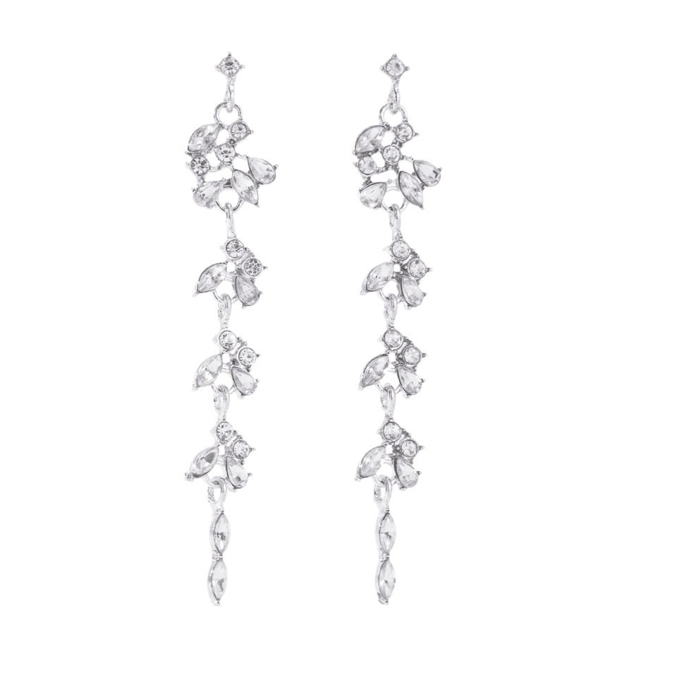 Pair of silver earrings with clear stones on a white background