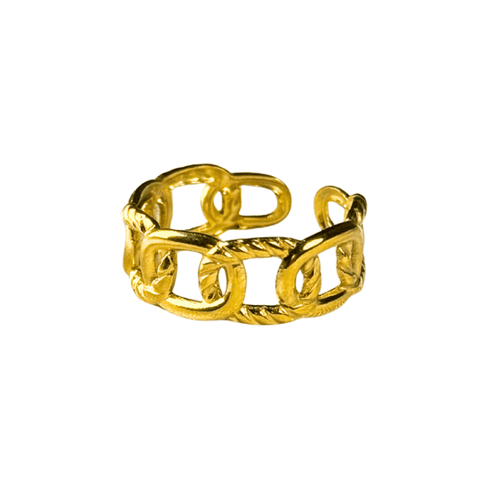 Gold chain-style ring on a white background