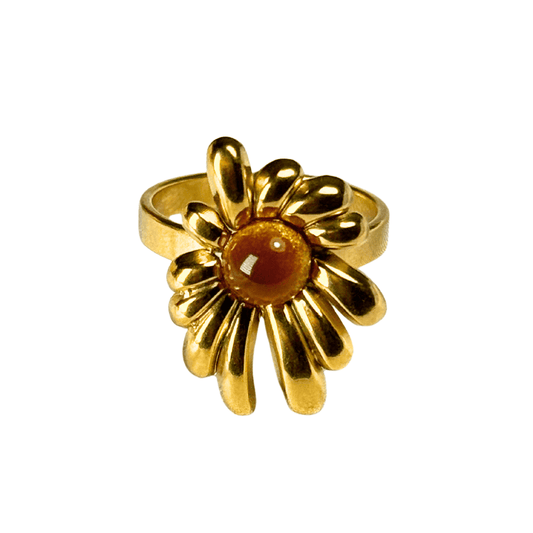 Gold ring with a central brown gemstone on a white background