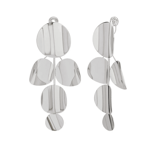 Pair of silver earrings with circular designs on a white background