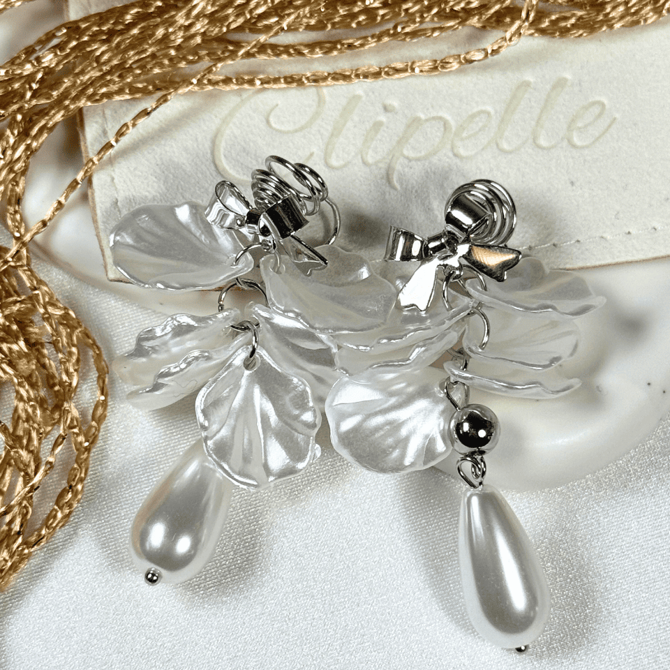 Silver earrings with clear stones and gold chain on a white background