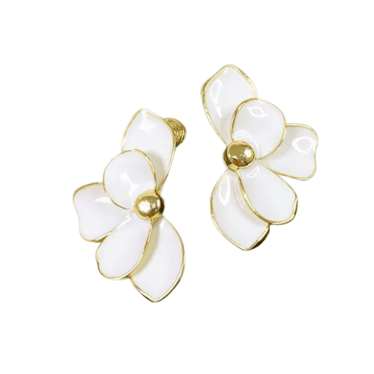 White flower-shaped earrings with gold accents on a white background