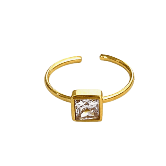 Gold ring with a square-cut gemstone on a white background