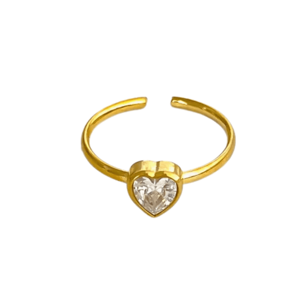 Gold ring with a heart-shaped gemstone on a white background