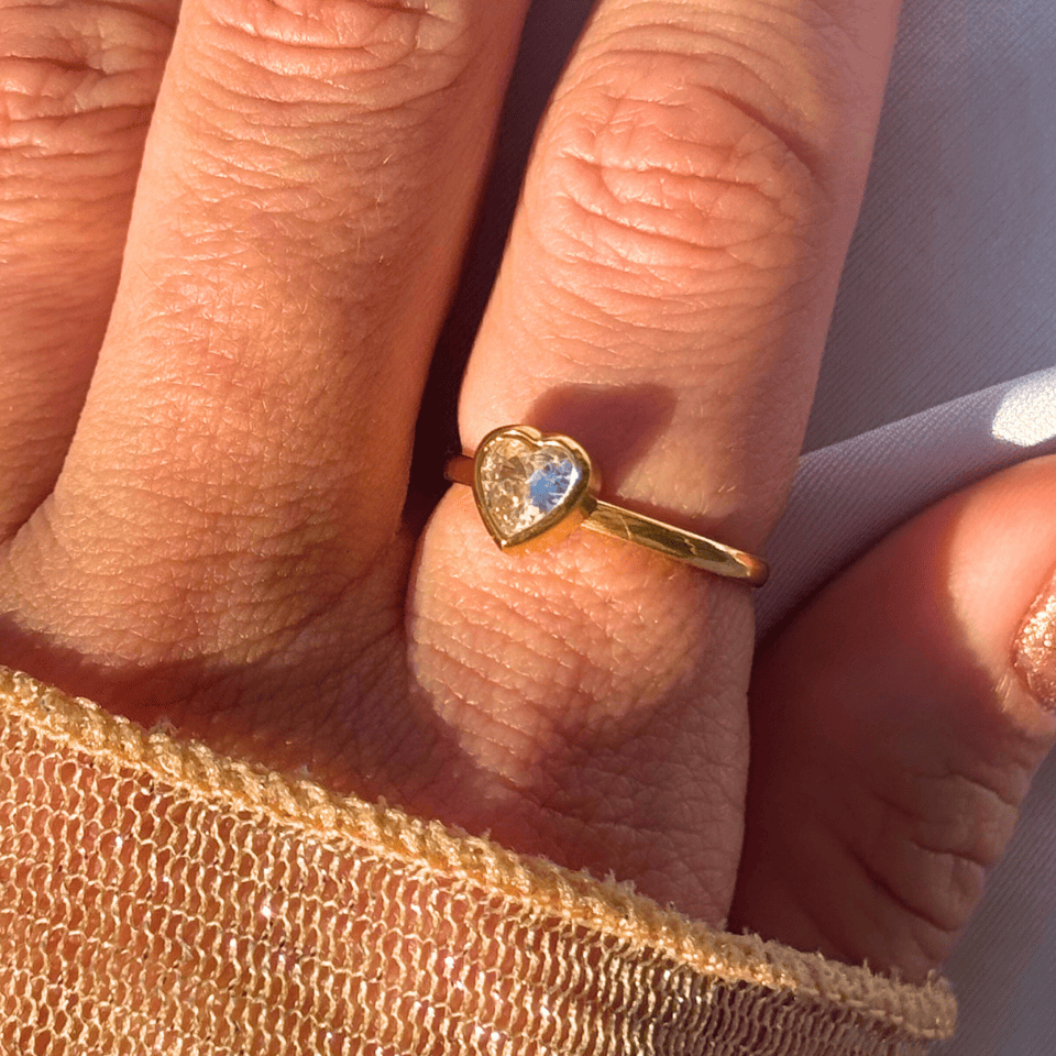 Gold heart-shaped ring on a finger with a blurred background