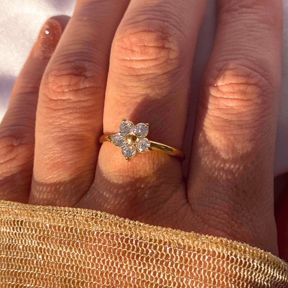 Gold ring with a diamond flower design on a person's finger