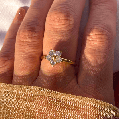 Gold ring with a diamond flower design on a person's finger